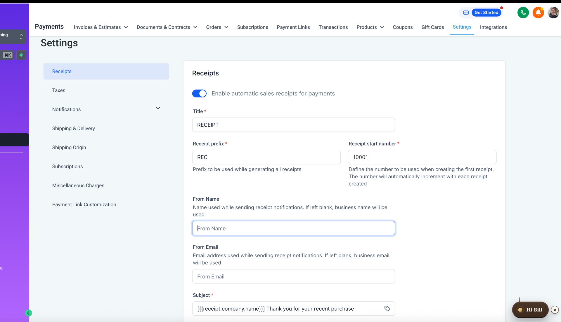 The Payments Settings screen with automatic sales receipts enabled