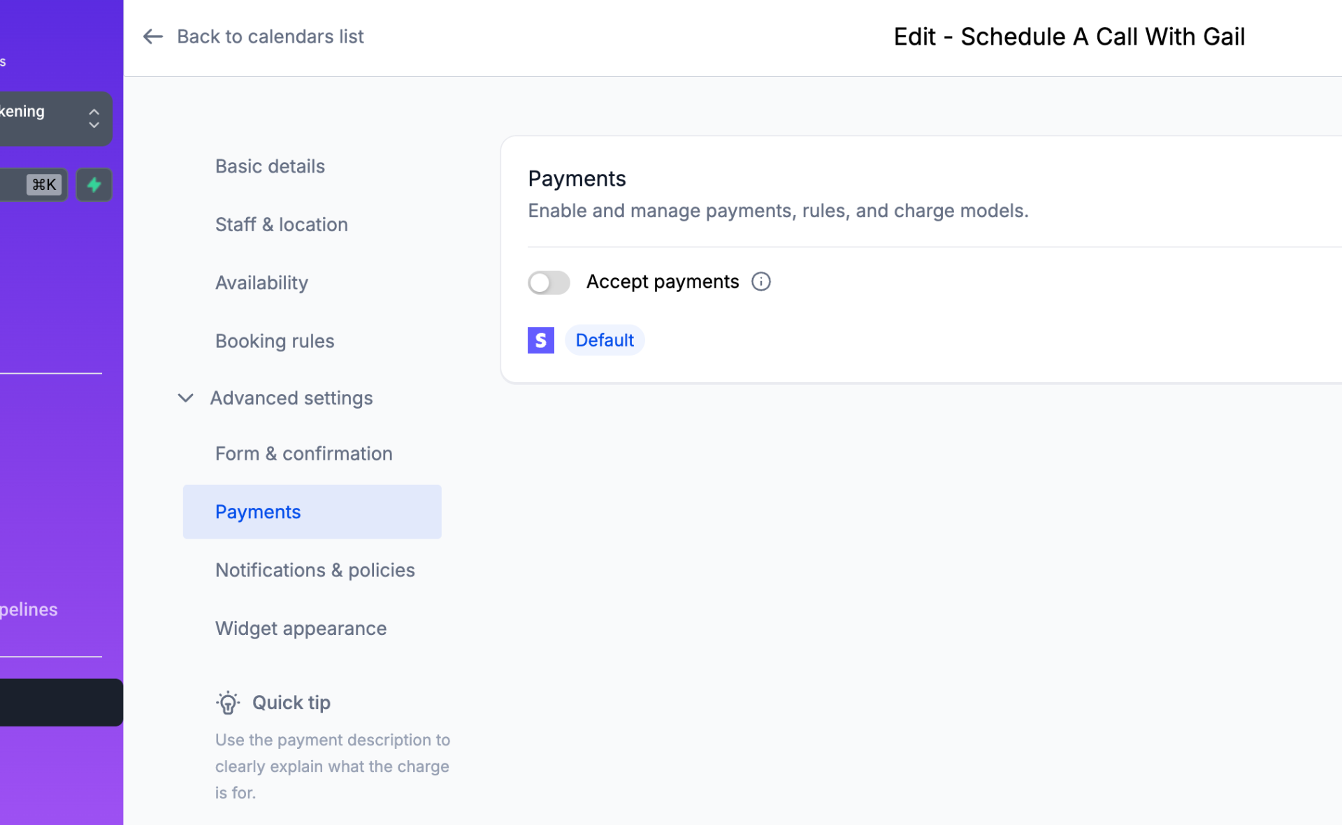 The Payments tab inside a calendar's Advanced settings, with the Accept payments toggle and the connected Stripe account