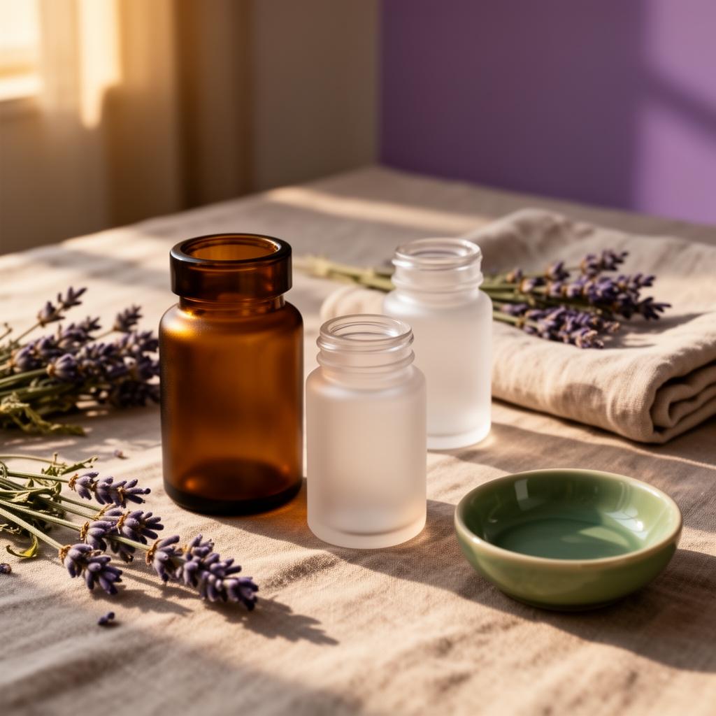 A calm wellness clinic store display of supplement bottles, dried lavender, and a ceramic dish on linen