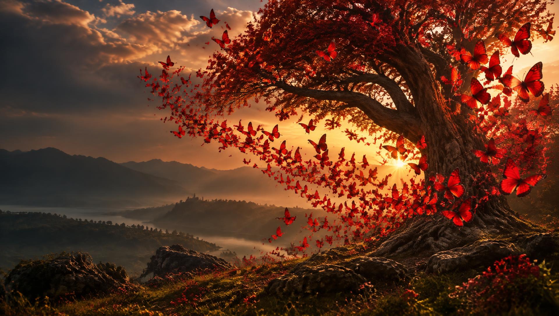 A lone tree on open ground with a drift of vivid scarlet butterflies rising through the light