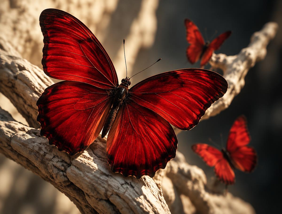A single scarlet butterfly resting with open wings against a warm white background