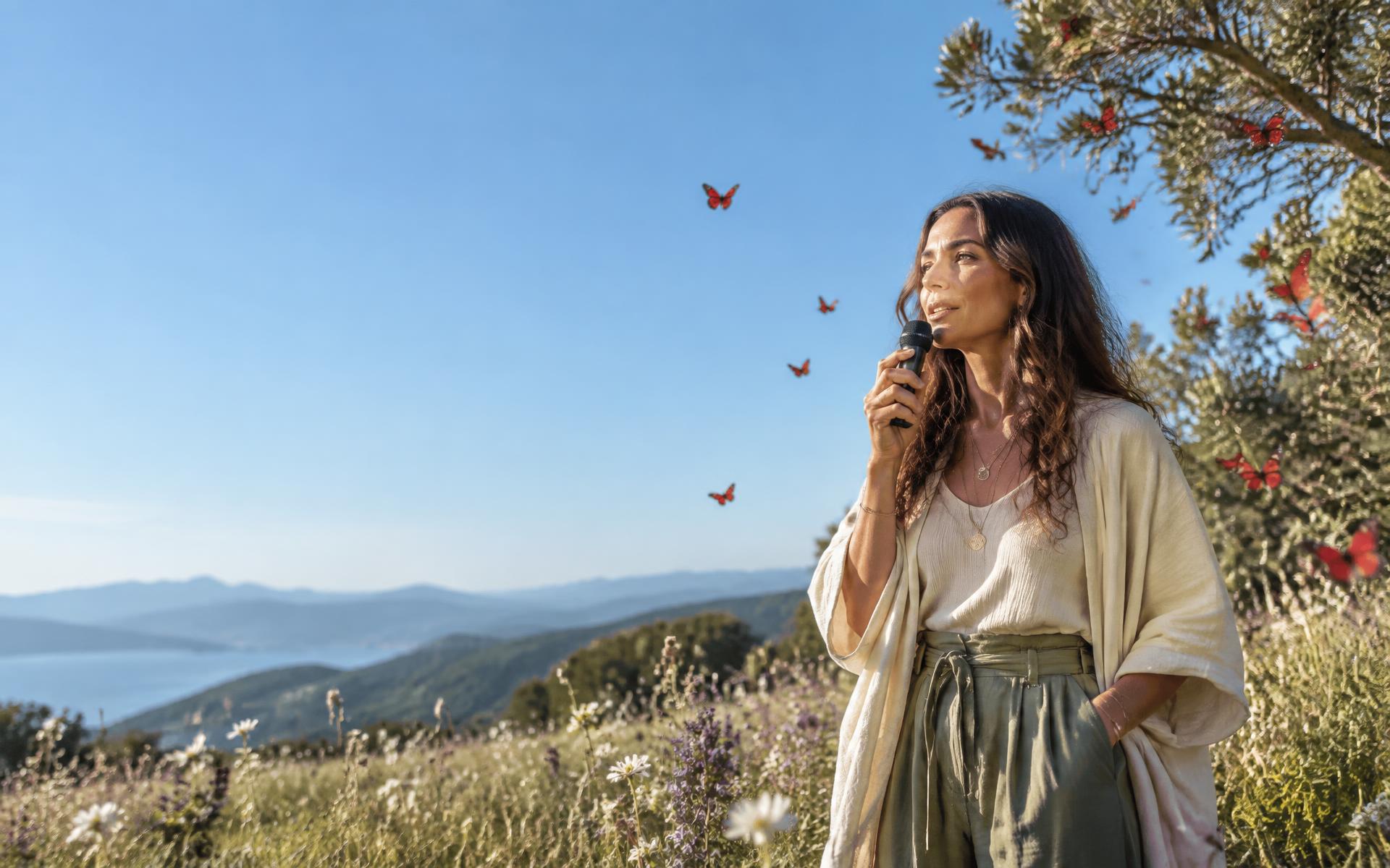 A wellness practitioner recording outdoors as scarlet butterflies move through the sky