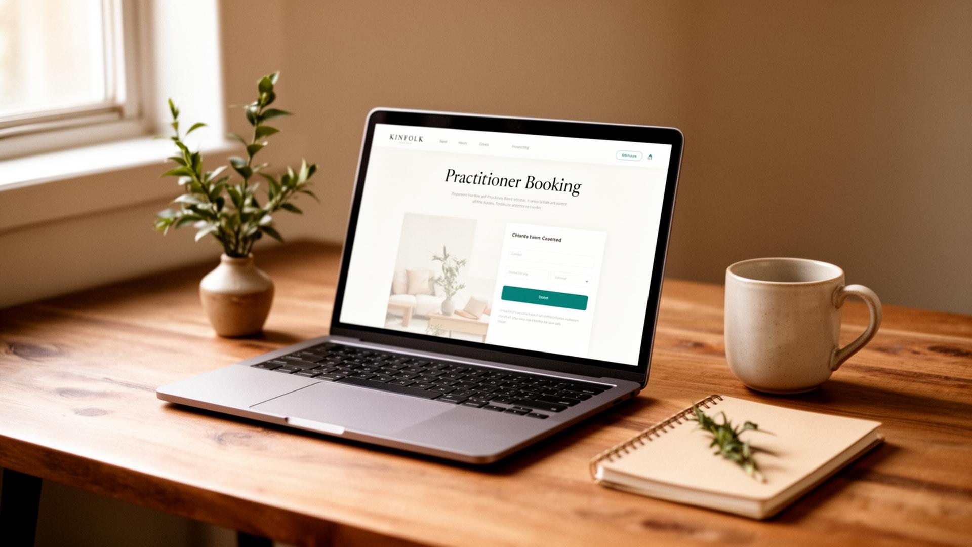 A clean practitioner desk with a laptop showing a beautifully designed booking page, a ceramic mug, and a small plant in soft morning light