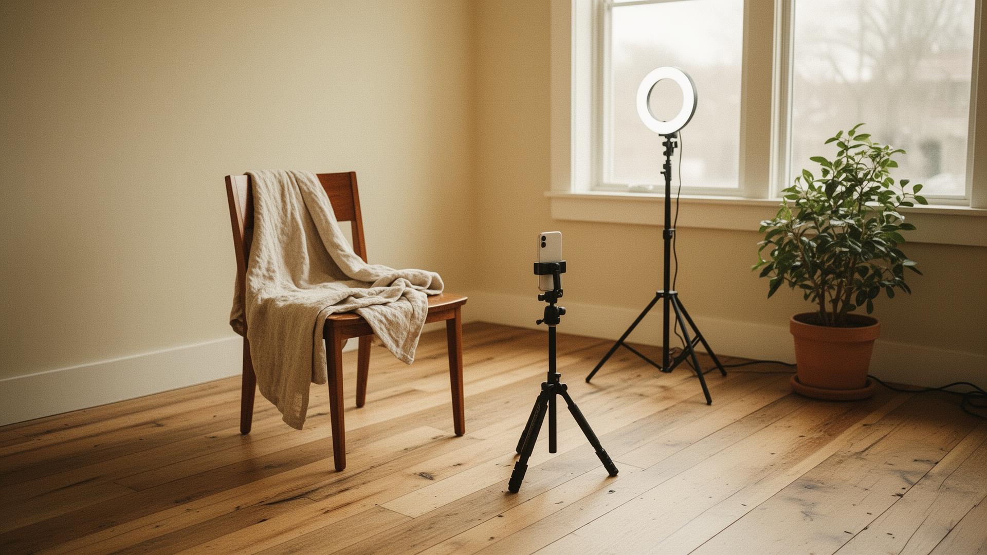 A recording setup in a sunlit clinic room — phone tripod facing an empty wooden chair with a folded linen throw, ring light, and plant nearby