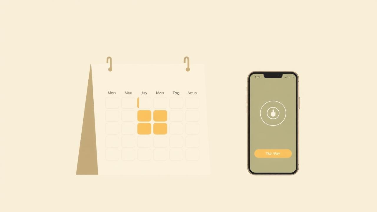 A booking calendar beside a phone showing a tap-to-pay payment