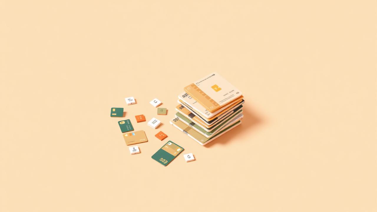 Scattered payment cards consolidating into a single tidy stack