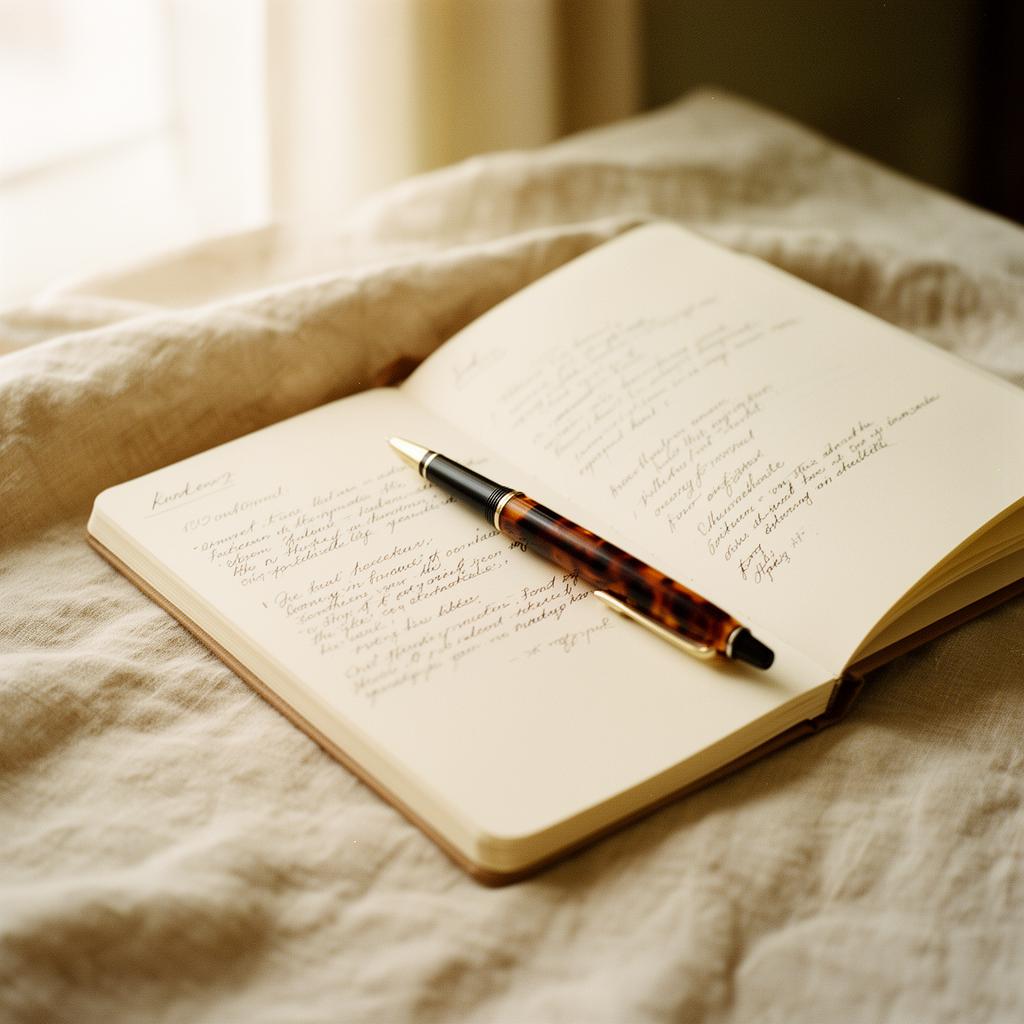 Open notebook with handwritten notes on linen