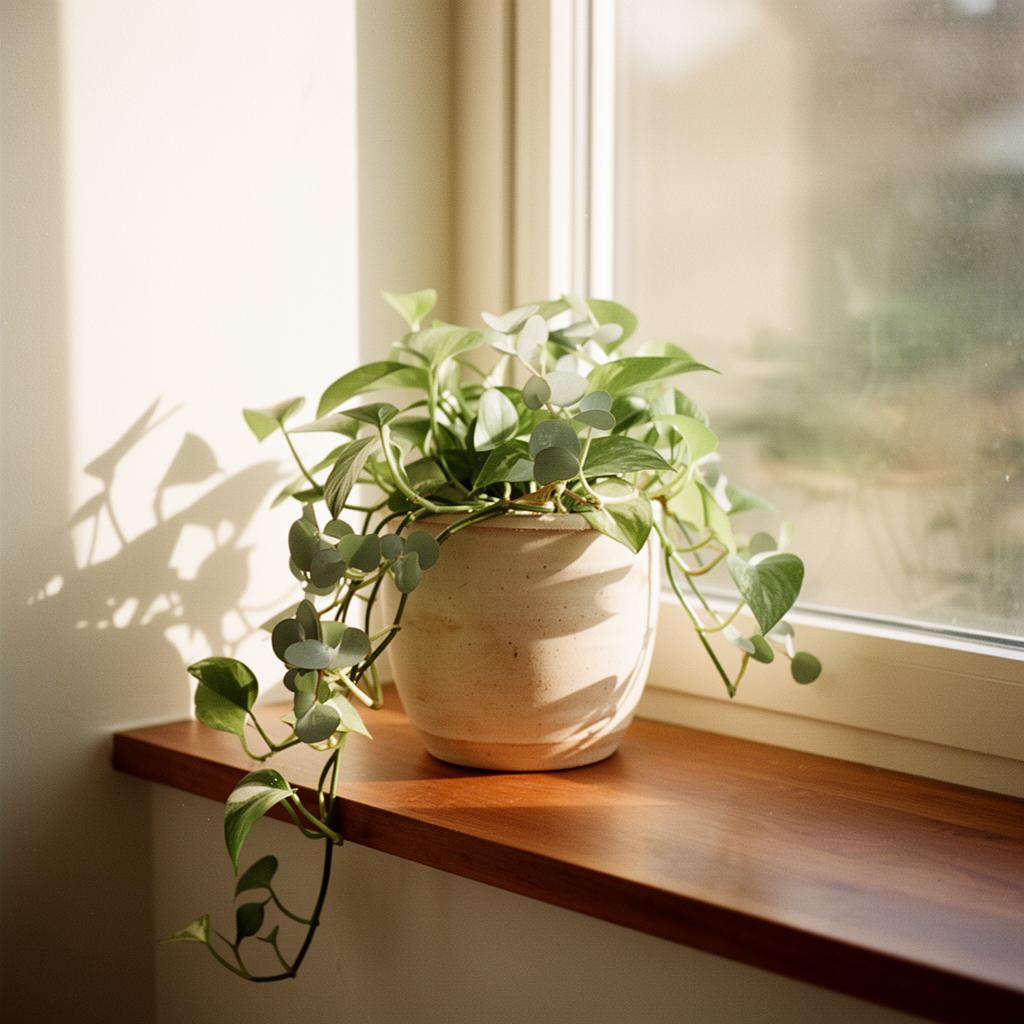 Trailing pothos in a clay pot on a sunlit windowsill