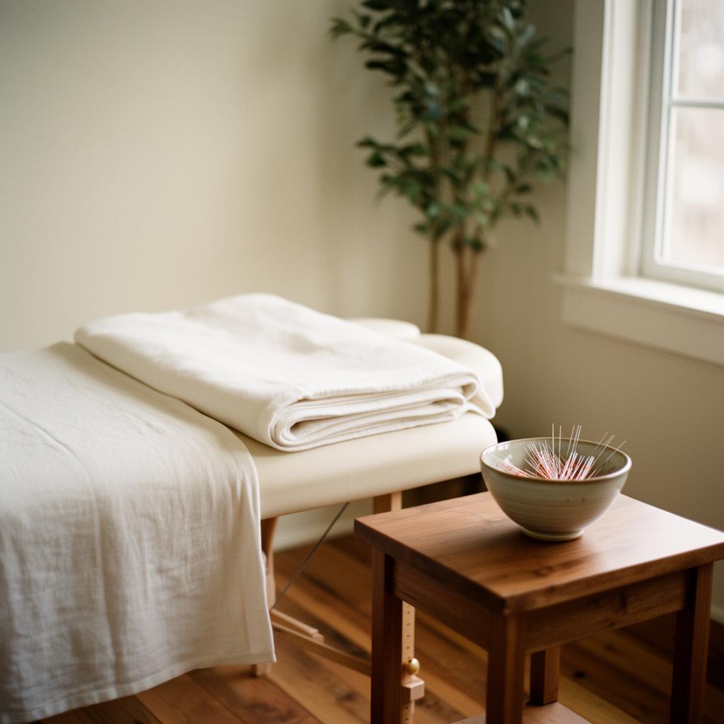 Treatment-room corner with linen and acupuncture needles