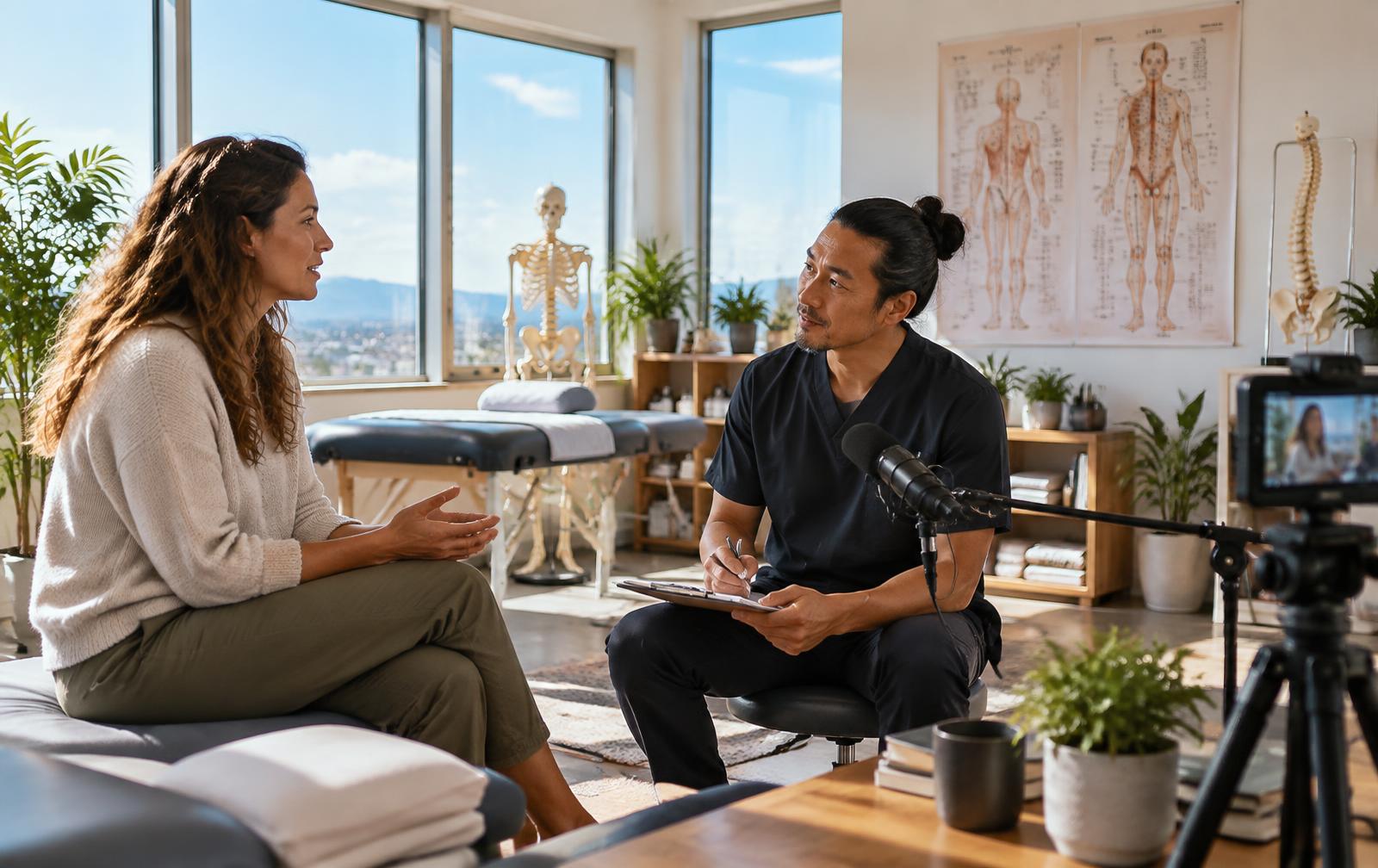 A practitioner and patient recording an educational conversation in a bright clinic