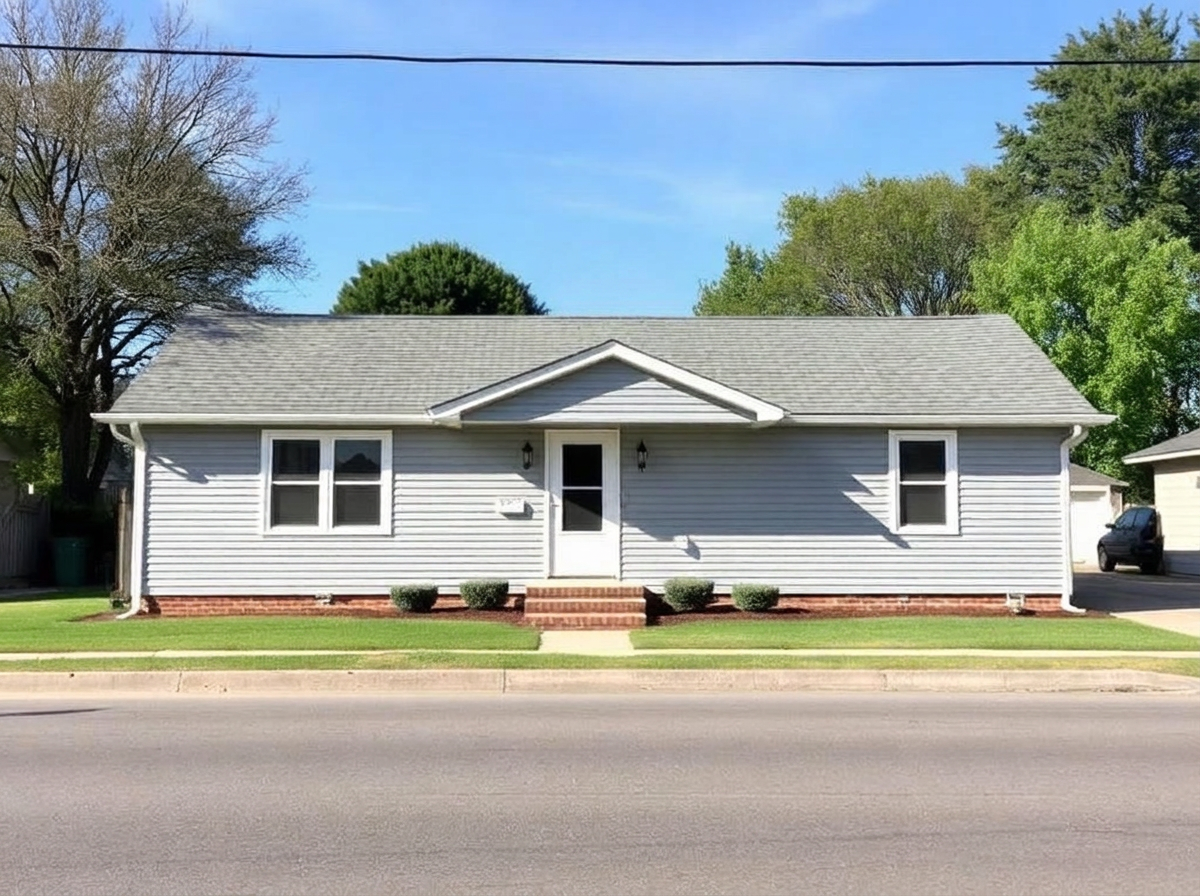 Ranch house with a bare roof, no cupola