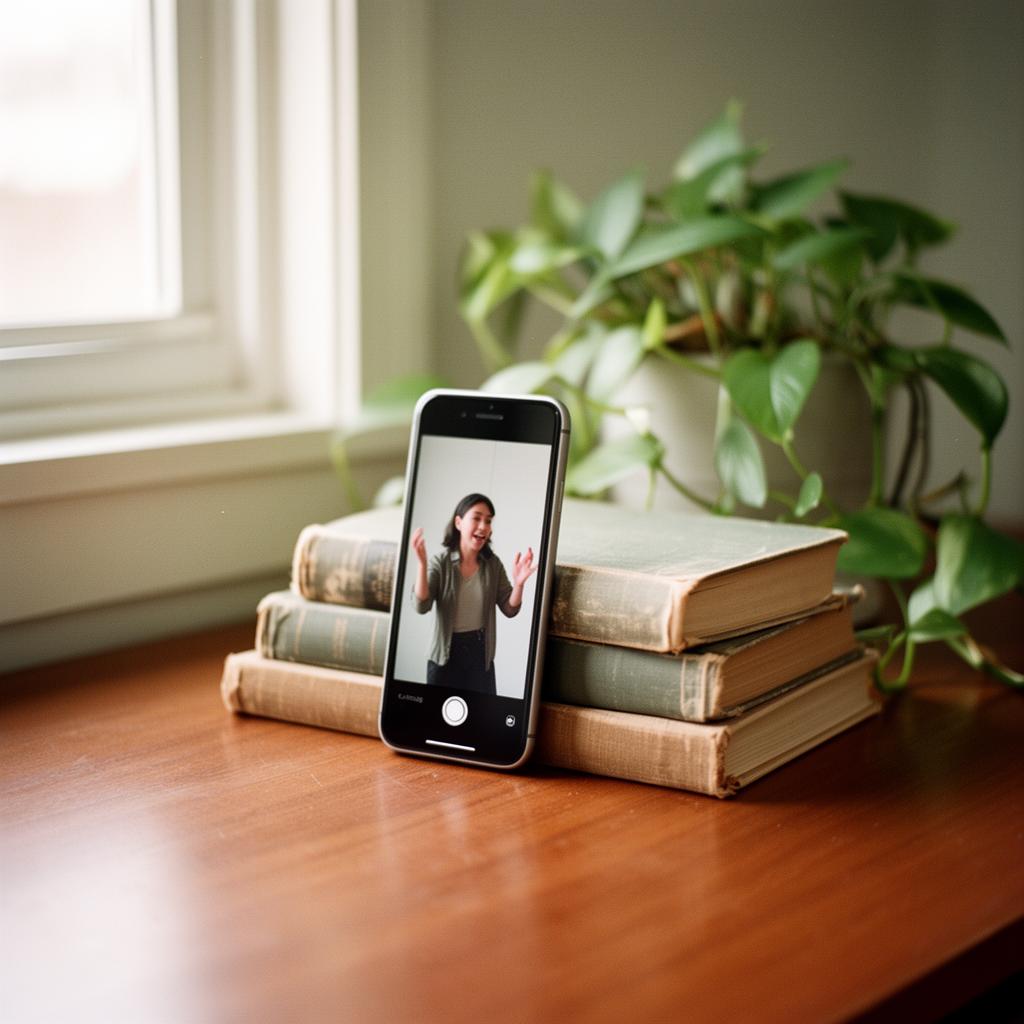 A phone propped against books showing a vertical clip playing, plant in soft focus and morning light