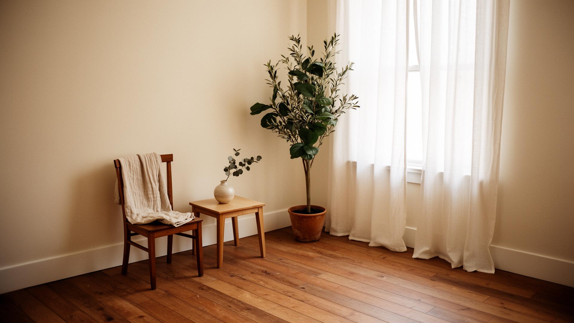 A peaceful empty practitioner room with a chair, plant, and soft window light