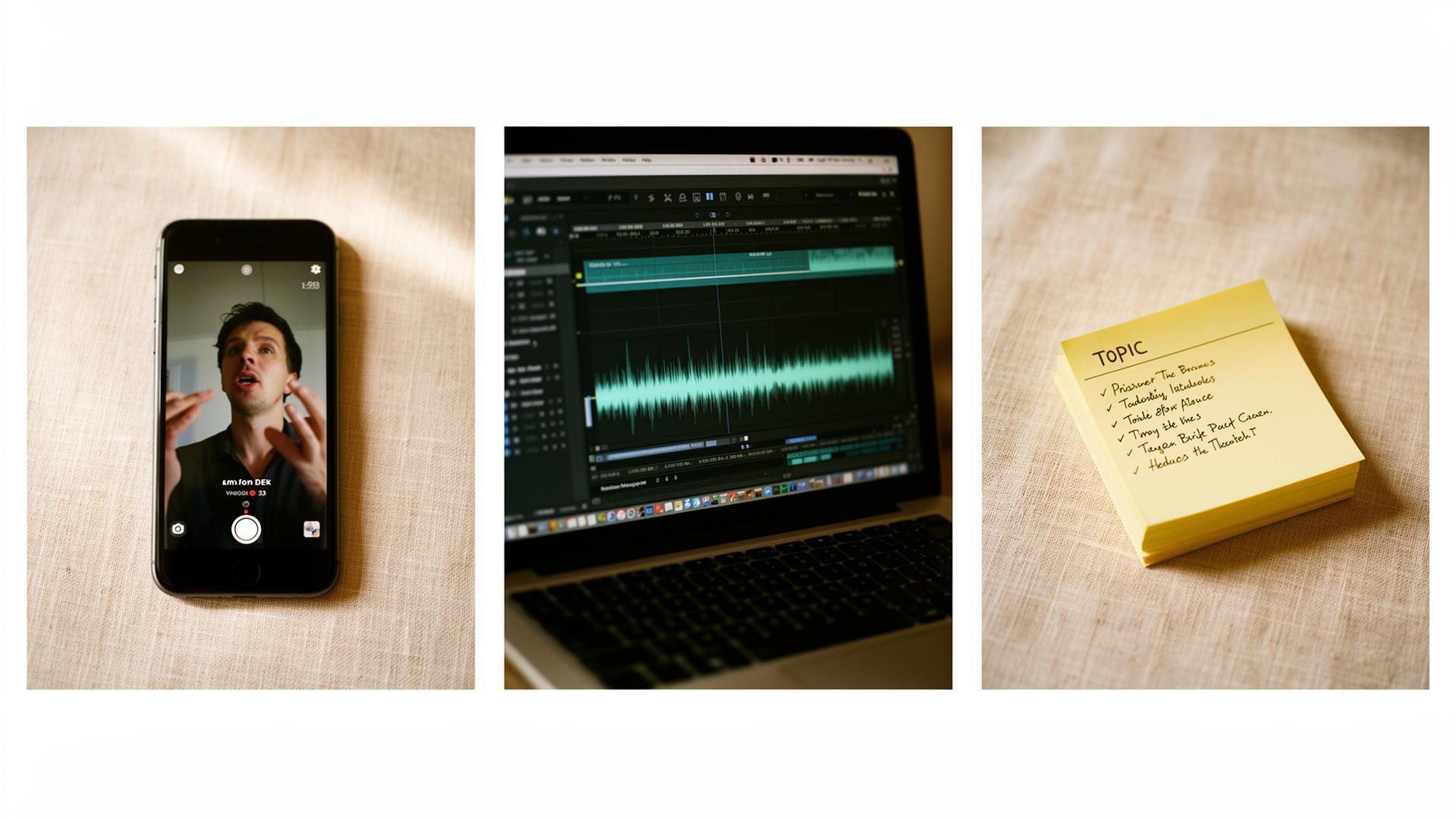 Three object stills showing the workflow: a phone with a vertical clip, an audio waveform on a laptop, and a stack of post-it topic ideas